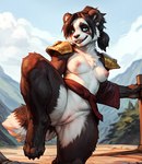 anthro breasts cerinil exercise female genitals giant_panda hi_res looking_away mammal mountains nipples outside pandaren peach_pussy presenting pussy raised_leg shoulder_pads smile solo spread_legs spreading teal_eyes ursid world_of_warcraft