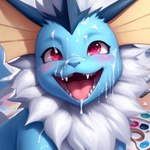 <3 <3_eyes ambiguous_gender blue_nose blush bodily_fluids cum cum_in_mouth cum_inside cum_on_face eeveelution female feral fluffy generation_1_pokemon genital_fluids open_mouth pokemon_(species) solo ulfyn vaporeon