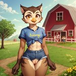 anthro barn beak bottomwear clothing female genitals ineffective_clothing looking_at_viewer outside pussy shirt shorts solo standing t-shirt topwear denis0k avian bird owl