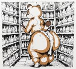 anthro balls big_balls big_butt bottomwear butt clipboard clothing genitals huge_balls huge_butt hyper hyper_genitalia loincloth male rear_view shelf solo doggyai tom_nook_(animal_crossing) canid canine mammal raccoon_dog tanuki hi_res sketch