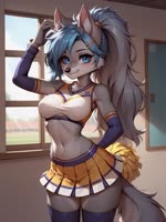 absolute_territory accessory anime_eyes anthro black_nose blue_eyes bottomwear breasts cheerleader cheerleader_outfit clothed clothing crossgender curvy_figure female football_field fur grey_body grey_fur hair hair_accessory hand_behind_back hand_in_hair holding_object inner_ear_fluff legwear long_hair looking_at_viewer multicolored_hair navel pom_poms ponytail pose slight_blush solo thigh_highs touching_hair tuft voluptuous_female window winking anonymous_director thebigbradwulf bradelina_(thebigbradwulf) canid canine canis mammal wolf animated webm