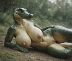 anthro big_breasts big_nipples breasts female forest genitals green_body green_scales green_skin huge_breasts nipples nude plant pussy scales solo tree dvinzet crocodilian reptile scalie hi_res