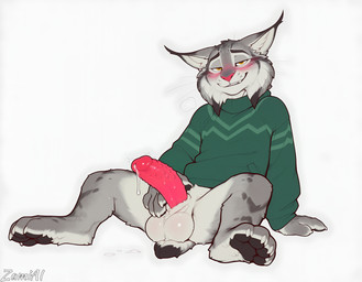 animal_genitalia animal_penis anthro balls big_balls blush bodily_fluids bottomless claws clothed clothing dripping feline_penis genital_fluids genitals green_clothing green_sweater green_topwear male narrowed_eyes pantsless pawpads penis precum precum_drip sitting smile smirk solo sweat sweater sweater_only sweaty_balls sweaty_genitalia topwear topwear_only zamiai disney zootopia pawbert_lynxley felid feline lynx mammal absurd_res hi_res