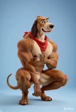 anthro big_eyes brown_body crouching eyebrows flirting male muscular nipples pecs red_scarf scarf smile smiling_at_viewer solo thick_eyebrows joachim58 canid canine canis domestic_dog mammal animated hi_res webm