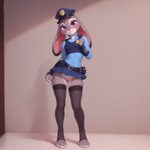 anthro blush bottomless bottomless_female bottomwear clothed clothing ears_down female fishnet fishnet_legwear legwear looking_at_viewer miniskirt pivoted_ears police_hat police_uniform presenting skirt smile solo standing topwear uniform vest ayclin zootopia judy_hopps lagomorph leporid mammal rabbit hi_res