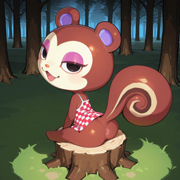 anthro anus anus_only butt butt_focus chibi female forest forest_background makeup mirakelpung nature nature_background plant presenting presenting_anus sitting_on_stump solo stump tree animal_crossing nintendo pecan_(animal_crossing) mammal rodent sciurid tree_squirrel