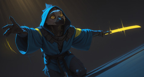anthro beak cinematic clothing cybernetic_eye cybernetic_neck cybernetic_torso cybernetics hoodie machine male melee_weapon motion_lines raised_arms samurai simple_background solo sword topwear warrior weapon markrhey mascot_2025 avian bird hi_res