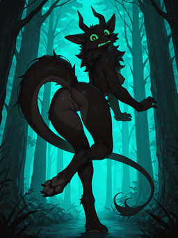 anthro anus areola biped black_anus black_body breasts claws cute_fangs detailed_background female female/female fur genitals glowing glowing_eyes glowing_mouth green_eyes horn long_tail looking_at_viewer nipples nude paws pupils pussy raised_tail solo solo_focus surprise toe_claws tuft balloon_(director) unknown_species 3:4 absurd_res hi_res