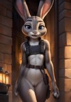 absurd_res alley anthro bottomless brick_wall casual_nudity clothed clothing duty_belt female flat_chested fur genitals grey_body grey_fur hi_res judy_hopps lagomorph leporid looking_at_viewer mammal outside police police_uniform public public_nudity pussy rabbit solo standing topwear uniform vest wall_(structure) wolf552906 zootopia