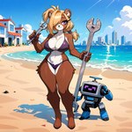 animal_ears animal_nose anthro beach bikini blonde_hair blue_sky breasts brown_body brown_fur cleavage clothed clothing cloud day female fur hair hair_over_one_eye holding_object holding_tool large_breasts long_hair looking_at_viewer machine navel outside ponytail purple_bikini purple_clothing purple_eyes purple_swimwear sand seaside sky smile solo swimwear tools wrench thebigbradwulf beryl_(thebigbradwulf) humanoid mammal robot ursid full-length_portrait portrait