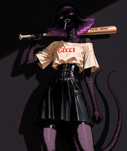 alternative_fashion anthro bat_(object) belt black_body black_bottomwear black_clothing black_scales black_skirt bodily_fluids bottomwear chain chromatic_aberration clothed clothing collar collarbone corset eyebrows fangs female fishnet fishnet_legwear forked_tongue goth hair legwear lingerie looking_at_viewer medium_hair multicolored_body multicolored_scales off_shoulder open_mouth purple_body purple_eyes purple_hair purple_scales purple_tongue scales shadow shadow_face shirt skirt snake_snout solo t-shirt tail tan_clothing teeth text text_on_clothing thigh_highs tongue tongue_out topwear weapon weapon_on_shoulder loren_iipsum reptile scalie snake hi_res watermark