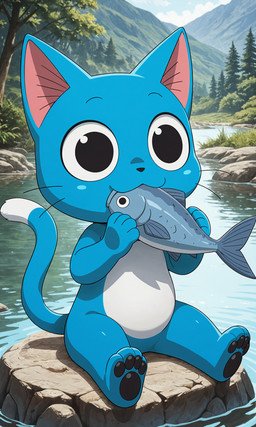 4_fingers 4_toes anthro belly big_ears big_eyes black_eyes black_pawpads blue_body blue_cheeks chibi eating eating_food eyebrows feet fingers food grey_body holding_food holding_object lake long_tail male mountain outside pawpads paws plant rock sitting sitting_on_rock snout solo tail toes tree whiskers white_belly yiff_ai_(director) fairy_tail happy_(fairy_tail) domestic_cat exceed felid feline felis fish mammal marine absurd_res hi_res