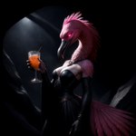 absurd_res anthro avian beak bedroom_eyes beverage bird black_clothing black_dress breasts canineluvr19 claws cleavage clothed clothing dress feathered_crest feathered_tail feathers female flamingo glowing glowing_eyes head_crest hi_res holding_object jewelry long_neck looking_at_viewer narrowed_eyes necklace non-mammal_breasts pink_body pink_feathers seductive solo z33b3r