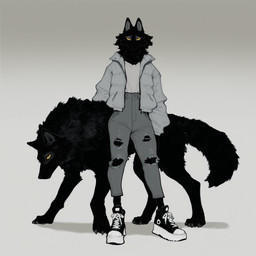 ambiguous_gender biped black_body black_fur black_nose bottomwear claws clothed clothing denim denim_bottomwear denim_clothing digitigrade duo female feral footwear fully_clothed fur gradient_background grey_background jacket jeans looking_at_viewer pants pockets quadruped shirt shoes simple_background sneakers standing topwear torn_bottomwear torn_clothing torn_pants tuft yellow_eyes anotheranon canid canine canis mammal wolf hi_res