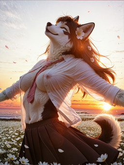 accessory anthro athletic backlighting between_breasts black_bottomwear black_clothing black_skirt blue_sky bottomwear breasts breasts_apart clothed clothing cloud collared_shirt covered_nipples eyes_closed falling_petals female field flower flower_field fur hair hair_accessory happy horizon lens_flare light long_hair medium_breasts mouth_closed multicolored_body multicolored_fur navel necktie nipples no_bra open_clothing open_shirt open_topwear organs outside outstretched_arms partially_clothed petals plant pleated_skirt rolled_up_sleeves school_uniform sea shirt skirt sky smile solo spread_arms standing stomach sun sunlight sunrise sunset tail topwear translucent translucent_clothing translucent_shirt translucent_topwear twilight two_tone_body two_tone_fur unbuttoned unbuttoned_shirt uniform water white_clothing white_shirt white_topwear mira_koks canid canine canis domestic_dog husky mammal nordic_sled_dog spitz absurd_res hi_res lighting portrait three-quarter_portrait