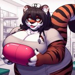 anthro big_breasts big_tail black_hair black_nose blackgum breasts chest_tuft claws drugs felid female green_eyes hair inner_ear_fluff mammal medical_instrument nurse open_mouth overweight pantherine pills scientific_instrument smile solo stethoscope stripes tiger tongue tuft wide_hips