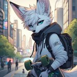 anthro blue_eyes canid canine city fennec fox lucifluffy male mammal skateboard solo techwear wilek