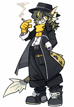 anthro black_hair blonde_hair bottomwear cigarette clothing coat eyewear gloves hair hand_in_pocket handwear holding_object male multicolored_hair mythology open_mouth open_smile pants pockets scarf simple_background smile smiling_at_viewer smoke solo tail topwear two_tone_hair yellow_eyes g62848 arknights lee_(arknights) carp cyprinid cypriniform dragon fish marine mythological_creature mythological_scalie scalie hi_res