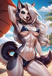 anthro beach_background bikini blue_eyes blush breasts camel_toe cleavage clothed clothing collar curled_tail ears_up erect_nipples female fur grey_body grey_fur hair hands_behind_back looking_at_viewer micro_bikini nipples open_mouth palm_tree piercing plant solo spiked_collar spikes swimwear teeth_showing tree umbrella white_body white_fur white_hair sniffeh helluva_boss loona_(helluva_boss) canid canine canis mammal wolf absurd_res hi_res