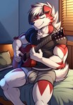 anthro bed bedroom black_clothing black_shirt black_topwear bulge clothing fur furniture guitar hair male muscular muscular_anthro muscular_male musical_instrument on_bed pillow plucked_string_instrument pokemon red_body red_fur shirt sitting sitting_on_bed solo string_instrument topwear underwear white_body white_fur positivelyberries_(director) canid canine generation_7_pokemon lycanroc mammal midnight_lycanroc pokemon_(species)