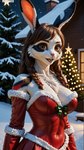 animal_ears animal_nose anthro armwear bow_(disambiguation) braided_hair breasts brown_eyes brown_hair christmas christmas_tree cleavage clothed clothing covered_navel detached_sleeves evergreen_tree female female_anthro fur_trim hair large_breasts long_hair looking_at_viewer photorealism photorealistic pine_tree plant rabbit_ears realistic smile snow snowing solo stable_diffusion tree yiffyjiffy2 lagomorph leporid mammal rabbit hi_res watermark