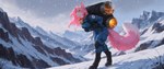 amazing_background backpack blue_clothing boots breasts carrying clothed clothing day detailed_background female fluffy fluffy_tail footwear fully_clothed fur hair hiking long_hair mountain mountain_range outside pink_body pink_fur pink_hair pink_tail plant sky snow snowing solo standing tail walking white_body white_fur yellow_eyes gshepanon cathy_(character) domestic_cat felid feline felis mammal hi_res