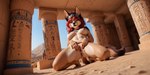 anthro blue_eyes breasts clitoris clothing egyptian female genitals hair headgear headwear inviting kneeling_on_ground outside photorealism pussy red_hair solo spread_legs spread_pussy spreading furryranch ayn_(fluff-kevlar) anubian_jackal canid canine canis jackal mammal hi_res