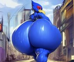 anthro big_butt bodily_fluids butt dkkaiserzc falco_lombardi huge_butt hyper hyper_butt male nintendo seductive solo starfox street sweat sweaty_butt