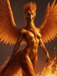 anthro avian beak bird breasts chest_tuft feathers female fire hi_res ilmpbx mythological_avian mythological_firebird nudity orange_body phoenix simple_background small_breasts solo spread_wings tail_feathers tattoo tuft wings zinnia