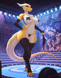 blue_eyes breasts camel_toe clothing female horn inside legwear mostly_nude nipples non-mammal_breasts non-mammal_nipples panties scales solo strip_club stripper thigh_highs underwear undressing yellow_body yellow_scales meloncruiser9000 animal_humanoid dragonborn_(dnd) humanoid reptile reptile_humanoid scalie scalie_humanoid
