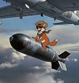 aircraft airplane ambiguous_gender anthro bomb clothing cloud explosives hat headgear headwear neckerchief sky solo teeth tongue chastity_coyote_(director) canid canine canis coyote mammal meme