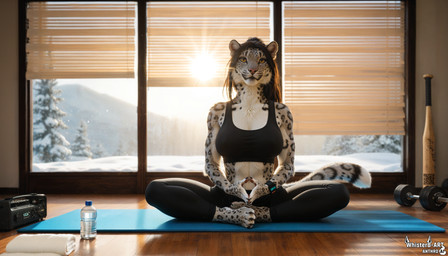 anthro baseball_bat bat_(object) bottle bottomwear bra clock clothing detailed_background dumbbell female morning pants radio realistic smartwatch solo sports_bra sunrise towel underwear watch weights winter yoga_mat yoga_pants whisterb-art felid mammal pantherine snow_leopard hi_res