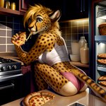 absurd_res anthro appliance back black_spots blonde_hair blue_eyes breasts butt canineluvr19 cheese_string cheetah clothing colored felid feline female food fur hair hi_res holding_object kitchen kitchen_appliance mammal oven panties pepperoni_pizza pink_clothing pink_panties pink_underwear pizza shirt side_boob sitting solo solo_focus spots spotted_body spotted_fur surprise tank_top topwear underwear white_clothing white_shirt white_tank_top white_topwear yellow_body yellow_fur