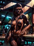 anthro areola bar belt big_areola black_nipples black_nose breasts brown_body brown_fur brown_hair female fur genitals green_eyes hair hi_res humanoid looking_at_viewer mammal marcus64 nipples nude pussy smile solo standing star_wars wookiee