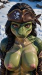 anthro black_hair braided_hair breasts female female_anthro green_body green_skin hair large_breasts looking_at_viewer nipples photorealism photorealistic realistic scales snow solo stable_diffusion yiffyjiffy2 reptile scalie hi_res watermark