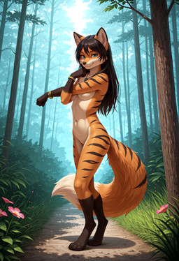 4_toes 5_fingers anklet anthro barefoot biped black_hair black_nose black_stripes blue_eyes bracelet breasts casual_nudity claws countershade_face countershade_fur countershade_legs countershade_neck countershade_torso countershading day detailed_background digitigrade dipstick_tail eyebrows eyelashes featureless_breasts feet female fingers flower fluffy fluffy_tail forest fur glistening glistening_eyes gloves_(marking) grass hair inner_ear_fluff jewelry leg_markings light long_hair looking_at_viewer markings multicolored_body multicolored_ears multicolored_fur multicolored_tail nature navel nude nude_female orange_body orange_fur outdoor_nudity outside pawpads paws plant pose shadow shrub slim small_breasts smile socks_(marking) solo standing striped_arms striped_body striped_fur striped_legs striped_markings stripes sunlight tail tail_markings toe_claws toes tree tuft white_body white_fur crashbandit canid canine felid fox hybrid mammal pantherine tiger comfyui_(software) digital_media_(artwork) full-length_portrait hi_res nai-diffusion-4-5-full_(model) novakemonoxl_(model) portrait prompt_metainfo shaded