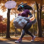 absurd_res anthro belly big_belly big_breasts bottomwear bra breasts clothing female female/female gym_bottomwear gym_clothing gym_shorts hi_res jogging machine park protogen shorts solo sports_bra struggling_prey unbirthing underwear unwilling_prey vaginal vore