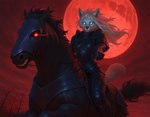 ambiguous_gender armor bared_teeth black_body black_fur black_hair black_nose blue_eyes breastplate breasts bridle clothed clothing dead_tree detailed_background duo female feral fingers full_moon fur gesture gloves glowing glowing_eyes hair handwear headgear helmet long_hair looking_at_viewer moon night outside plant pointing pointing_at_viewer quadruped red_eyes riding saddle serious sky stern_look straddling tail teeth tree warrior weapon white_body white_fur white_hair anonymous_director canid canine canis equid equine horse mammal wolf hi_res
