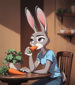blue_clothing bottomwear breasts carrot chair clothed clothing detailed_background dipstick_ears disney ear_markings ears_up eating facial_markings female fingers food fully_clothed fur furniture grey_body grey_fur hand_on_table head_markings holding_object inside long_ears markings multicolored_body multicolored_ears multicolored_fur on_chair pants pink_nose plant plant_pot potted_plant purple_eyes shirt short_tail sitting sitting_on_chair small_breasts solo t-shirt table tail topwear vegetable white_body white_fur hank94_(director) zootopia judy_hopps lagomorph leporid mammal rabbit hi_res shaded