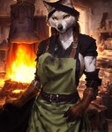 5_fingers accessory anthro apron belt black_clothing black_nose blacksmith brown_body brown_fur canid canine canis clothed clothing day dirty_clothing eyebrows female fingers fire forge_(hearth) fur gloves green_clothing handwear headband inside leather leather_clothing leather_gloves leather_handwear mammal medieval nose orange_eyes portrait solo tahlia_(director) three-quarter_portrait topwear white_body white_fur wolf yellow_eyes