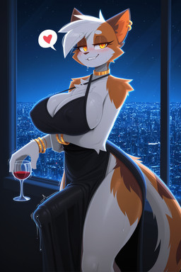 <3 anthro arm_under_breasts aroused big_breasts big_penis bite biting_lip black_clothing black_dress blush blush_lines bodily_fluids bracelet breasts brown_body brown_fur cheek_tuft chest_tuft circle_eyebrows city cityscape cleavage clothed clothing collar container countershading cup detailed_background dress drinking_glass ear_piercing erection erection_under_clothing eyebrow_through_hair eyebrows facial_tuft fur genital_fluids genitals glass glass_container glass_cup gold_(metal) gold_collar gold_jewelry gynomorph hair half-closed_eyes head_tuft holding_glass holding_object humanoid_genitalia humanoid_penis intersex jewelry leaking_precum mottled multicolored_body multicolored_fur narrowed_eyes night nipple_outline orange_sclera penis piebald piercing precum precum_through_clothing shoulder_tuft side_boob side_slit sky solo speech_bubble standing star starry_sky sweat tail tan_body tan_fur tenting translucent translucent_hair tremble_spikes tuft wet wet_clothing white_body white_fur white_hair window wine_glass yellow_eyes cosmicelement calico_cat domestic_cat felid feline felis mammal absurd_res hi_res portrait three-quarter_portrait