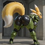 anthro armor bent_over big_butt bottomwear butt clothing ears_down female fluffy fluffy_tail fur inside looking_at_viewer looking_back neck_fluffy neck_tuft pivoted_ears raised_tail solo solo_focus standing tight_bottomwear tight_clothing tuft cyrulegos halo_(series) spartan_(halo) digimon_(species) renamon hi_res