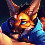 anthro ascar_the_maned_fox_(character) black_hair blue_eyes bodily_fluids canid canine clothing duo fellatio fox hair hi_res hoodie human human_on_anthro interspecies looking_up male male/male mammal maned_wolf oral penile pinasheep69 pubes saliva sex tongue topwear