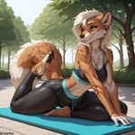 anthro bottomwear bra breasts clothing female fur hair long_hair long_tail pants park pawpads smile solo sports_bra sportswear underwear white_hair yoga yoga_mat yoga_pants ivorymane canid canine mammal watermark
