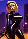 anthro blonde_hair blue_eyes city clothing felid female hair latex leopard mammal night pantherine rubber rubber_clothing rubber_suit solo tahlia tahlia_(director)