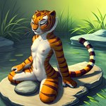 anthro areola breasts exposed_breasts eyes_closed female kneeling meditating meditation nipples nude pond rock small_breasts solo spread_legs spreading water dfw master_tigress felid mammal pantherine tiger absurd_res hi_res