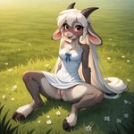 anthro big_eyes breasts clothed clothing clothing_lift cute_expression digitigrade dress dress_lift female flower genitals grass hair hooves horn light long_hair looking_at_viewer meadow open_mouth plant presenting presenting_pussy pussy red_eyes short_stack sitting slim smile solo spread_legs spreading sundress sunlight very_long_hair white_hair wide_hips sagrael faye_(sagrael) bovid caprine goat mammal absurd_res hi_res
