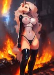 anthro areola breasts canid clothed clothing collar female fire g-string generation_1_pokemon hair latex leather_straps legwear long_hair mammal midriff navel ninetales nipples pokemon_(species) pose seductive skimpy smile solo tahlia_(director) thigh_highs underwear