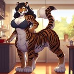 bing_image_creator black_hair bra breasts chakat chakat_blackstripe_boundpaw chakatblackstripe_(director) clothing domestic felid felid_taur female hair kitchen mammal mammal_taur pantherine solo taur tiger underwear