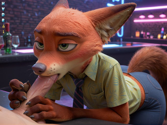 anthro clothed clothing duo fellatio femboy fur green_eyes male male/male necktie oral orange_body orange_fur penile public public_sex sex hydrai disney zootopia nick_wilde canid canine fox mammal